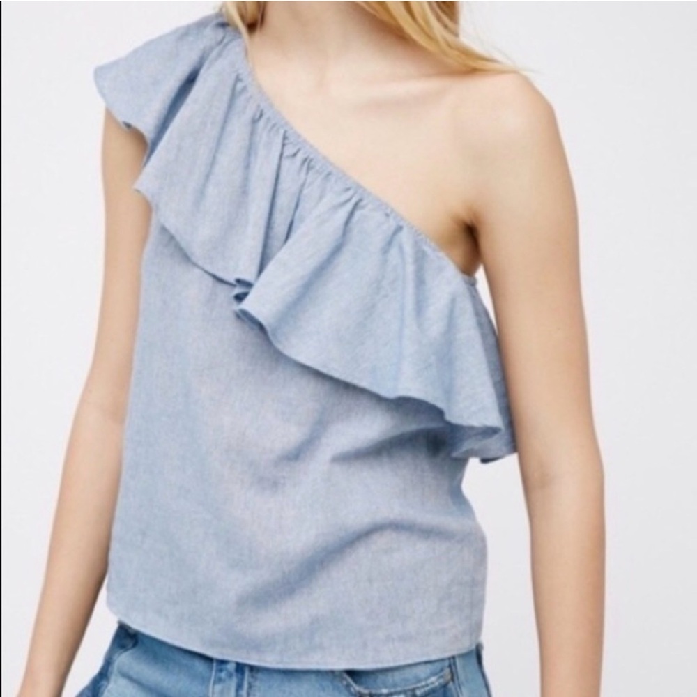 Free People Boho Chambray Denim One Shoulder Ruffle Top Summer Festival Elevated